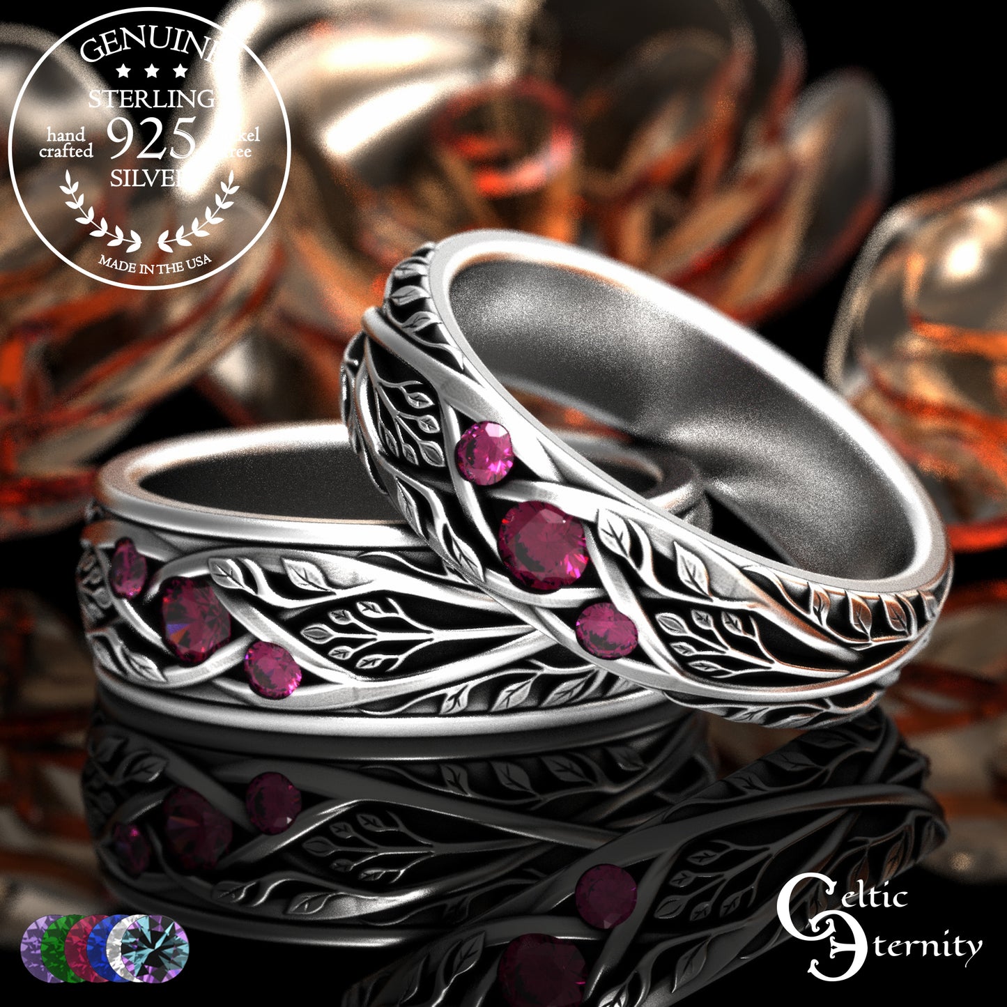 Sterling Celtic Bride & Groom Emerald Forest Wedding Band Set, 2132 2133