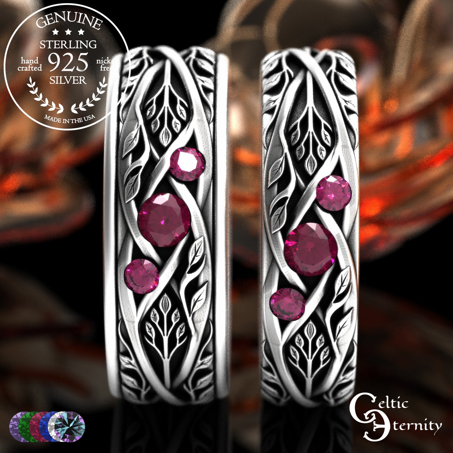Sterling Celtic Bride & Groom Emerald Forest Wedding Band Set, 2132 2133