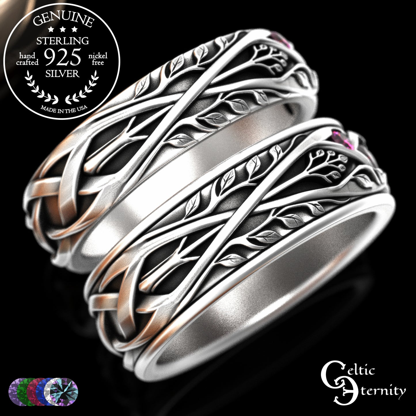 Sterling Celtic Bride & Groom Emerald Forest Wedding Band Set, 2132 2133