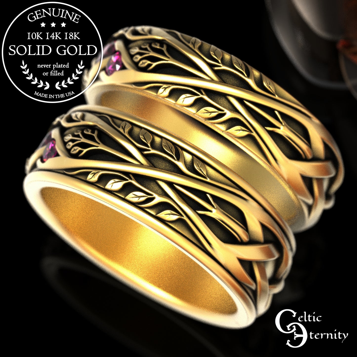 Matching Gold or Platinum Irish Botanical Leaves Wedding Band Set, 2132 2133