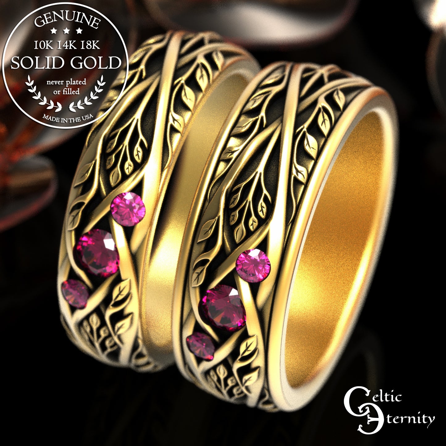 Matching Gold or Platinum Irish Botanical Leaves Wedding Band Set, 2132 2133