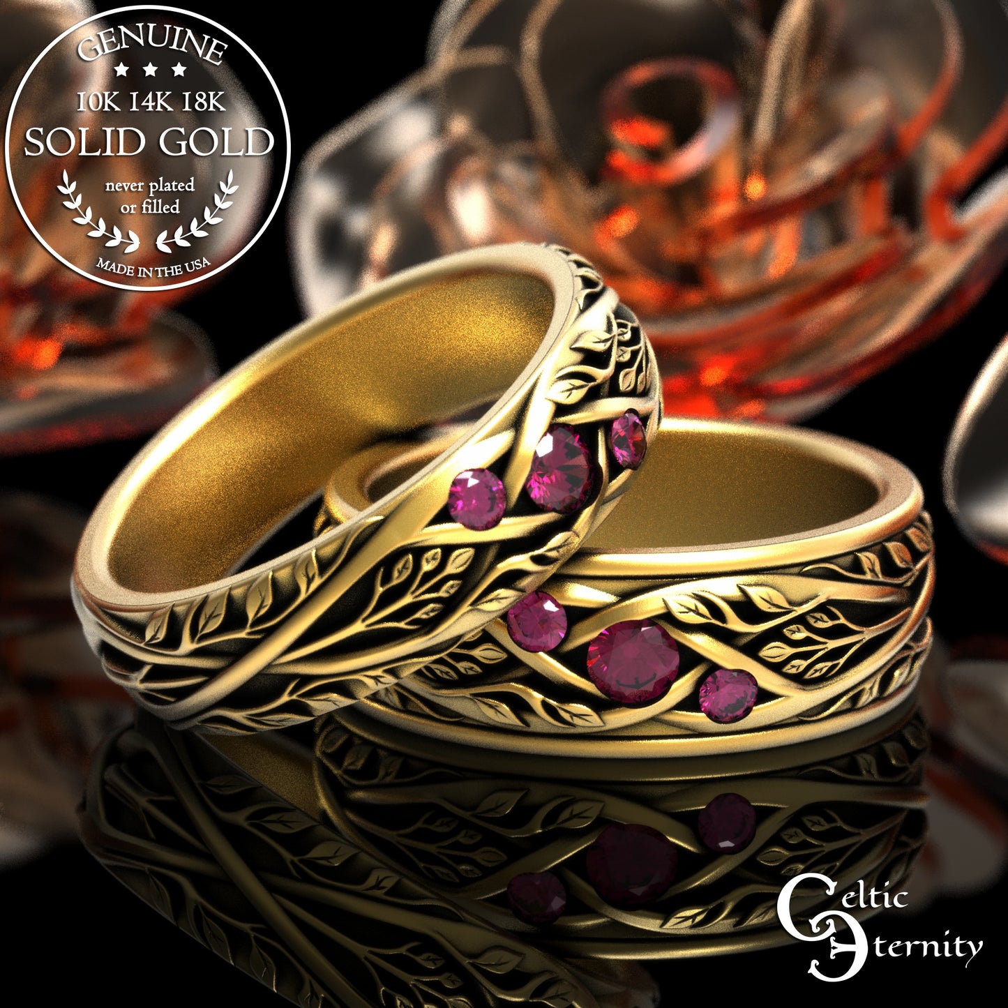 Matching Gold or Platinum Irish Botanical Leaves Wedding Band Set, 2132 2133