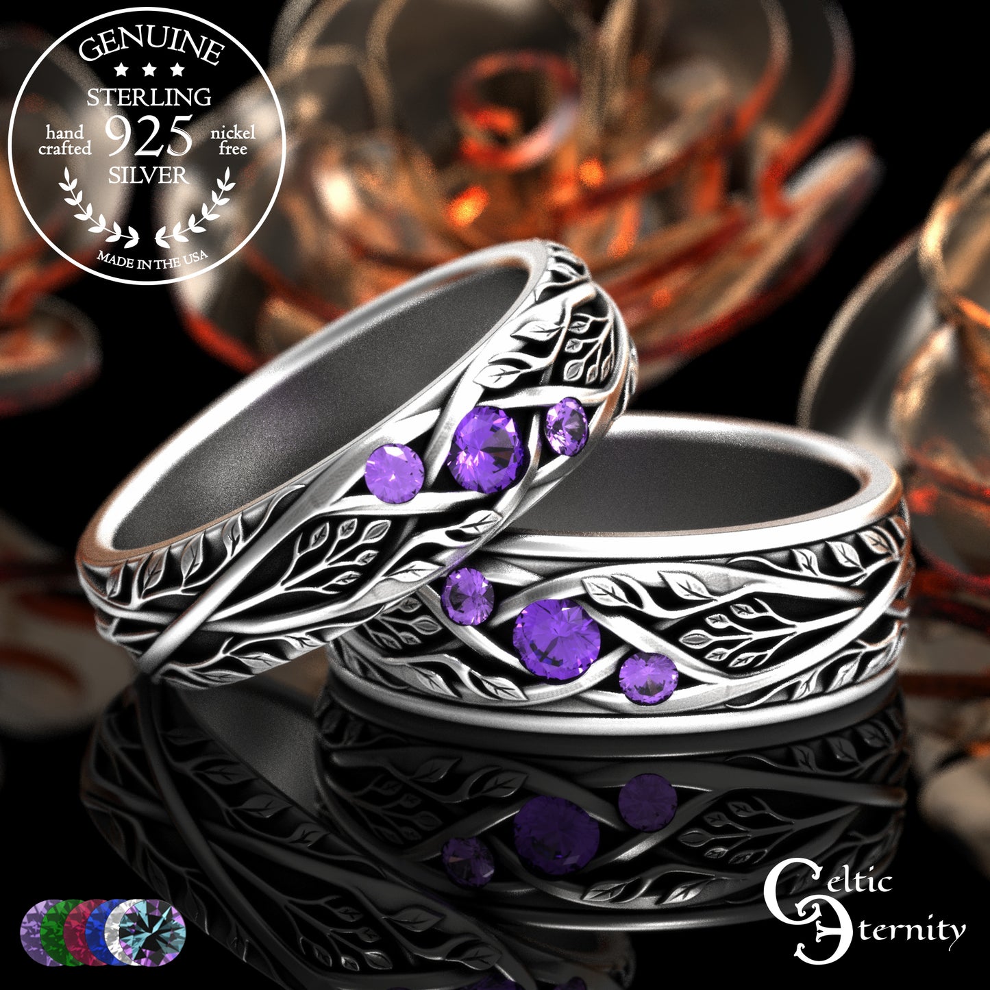 Sterling Celtic Bride & Groom Emerald Forest Wedding Band Set, 2132 2133