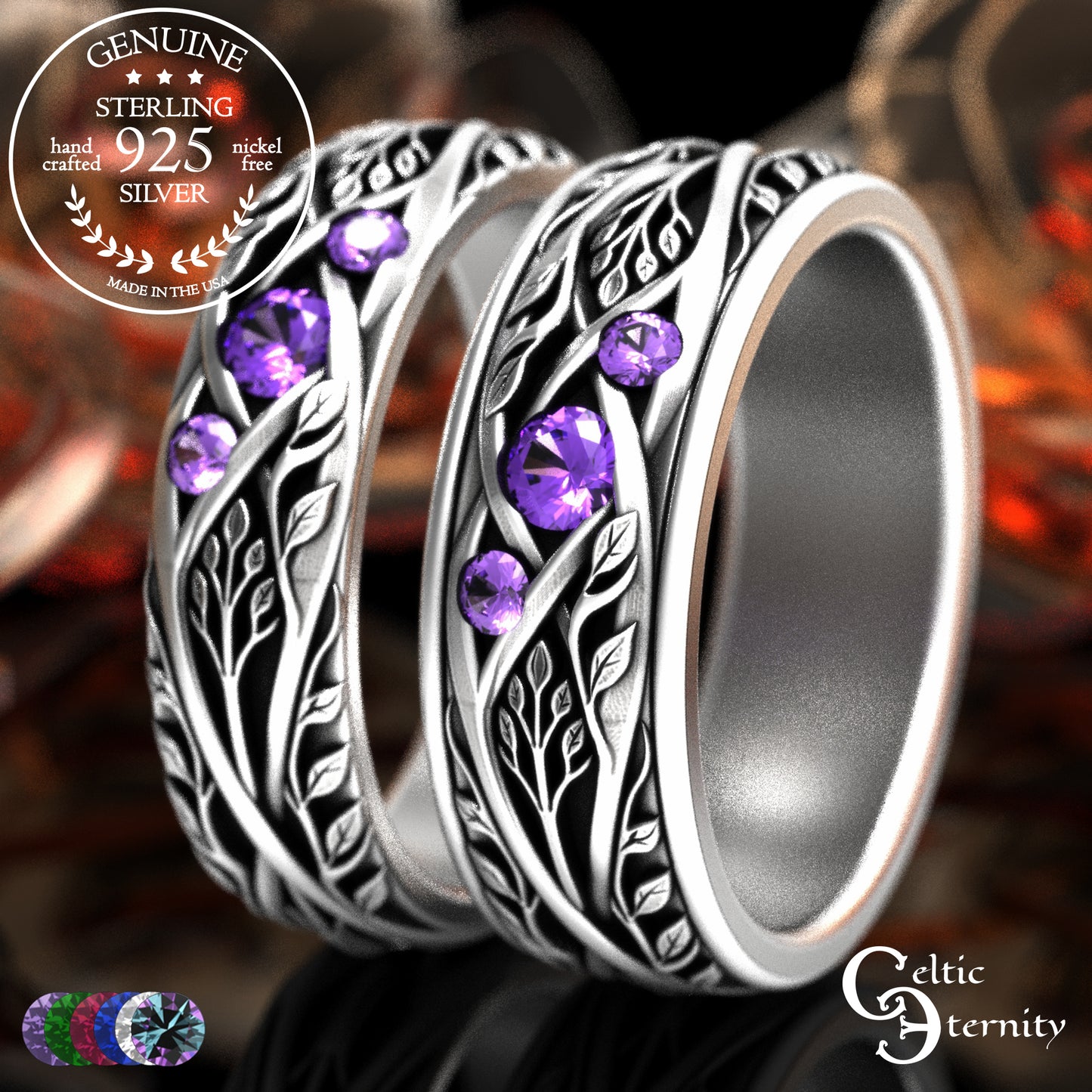 Sterling Celtic Bride & Groom Emerald Forest Wedding Band Set, 2132 2133