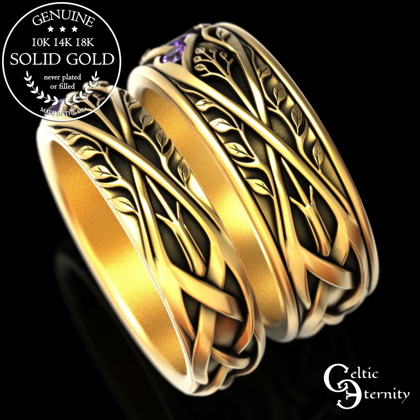 Matching Gold or Platinum Irish Botanical Leaves Wedding Band Set, 2132 2133