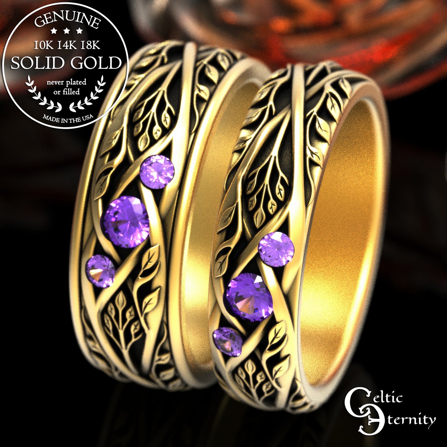 Matching Gold or Platinum Irish Botanical Leaves Wedding Band Set, 2132 2133