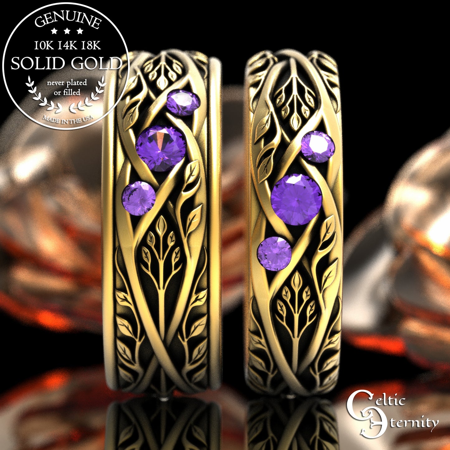 Matching Gold or Platinum Irish Botanical Leaves Wedding Band Set, 2132 2133