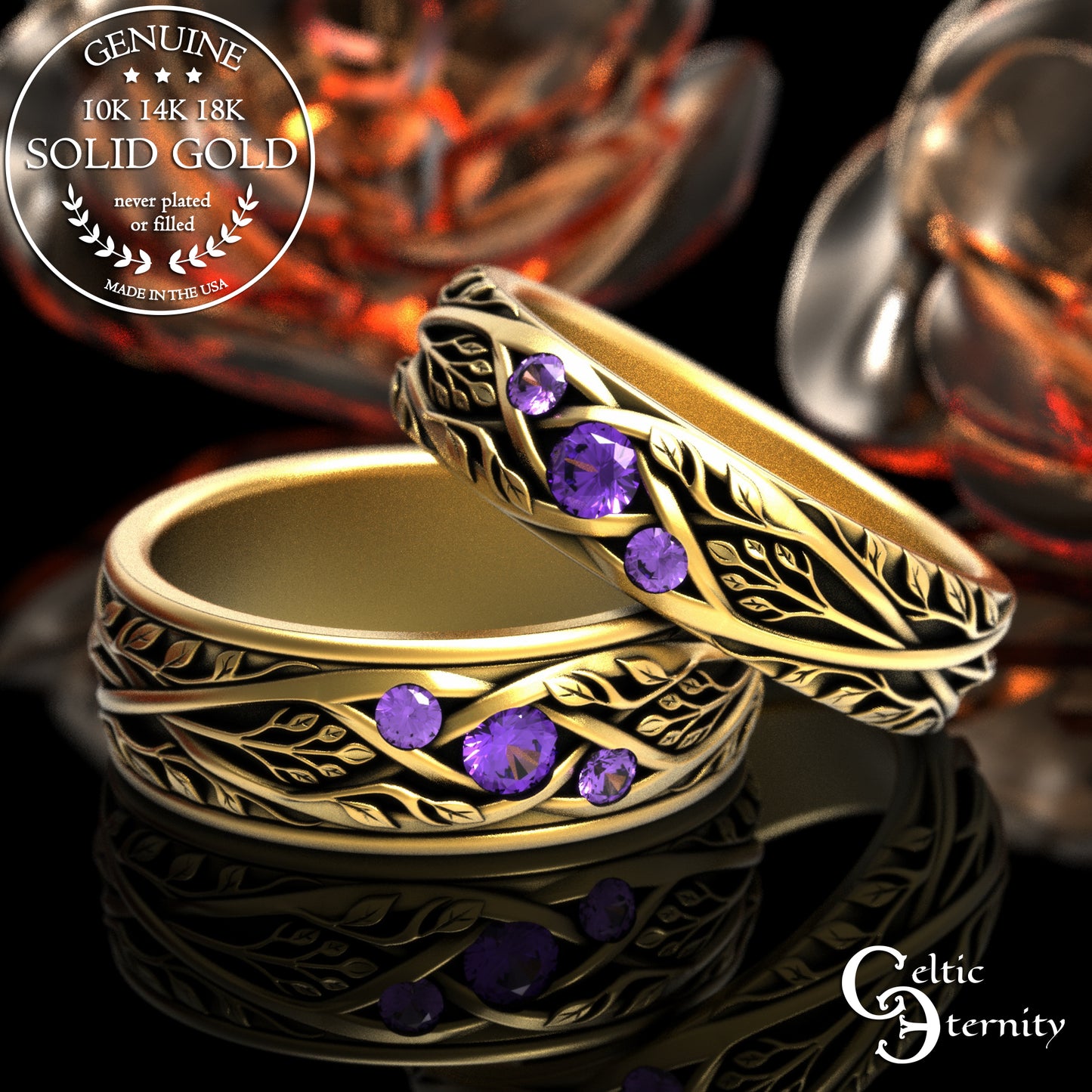 Matching Gold or Platinum Irish Botanical Leaves Wedding Band Set, 2132 2133