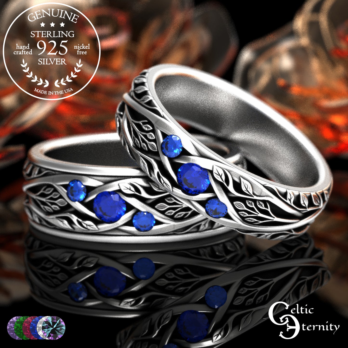 Sterling Celtic Bride & Groom Emerald Forest Wedding Band Set, 2132 2133