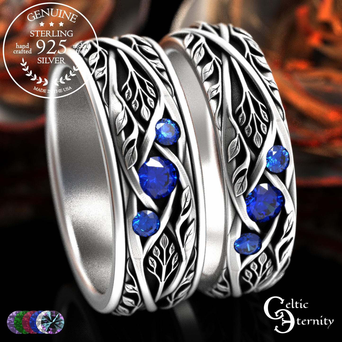 Sterling Celtic Bride & Groom Emerald Forest Wedding Band Set, 2132 2133