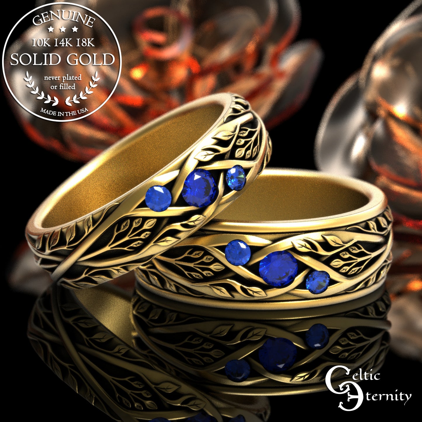 Gold & Sapphire Woman's Botanical Wedding Band, 2132