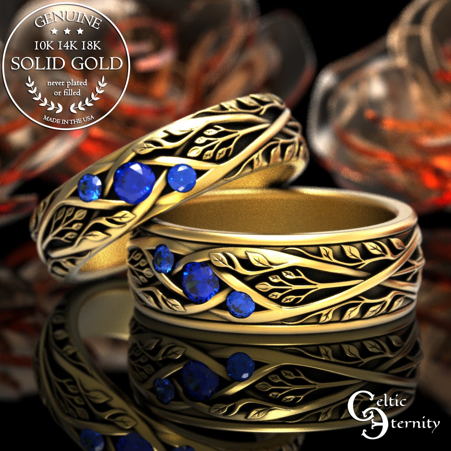Matching Gold or Platinum Irish Botanical Leaves Wedding Band Set, 2132 2133