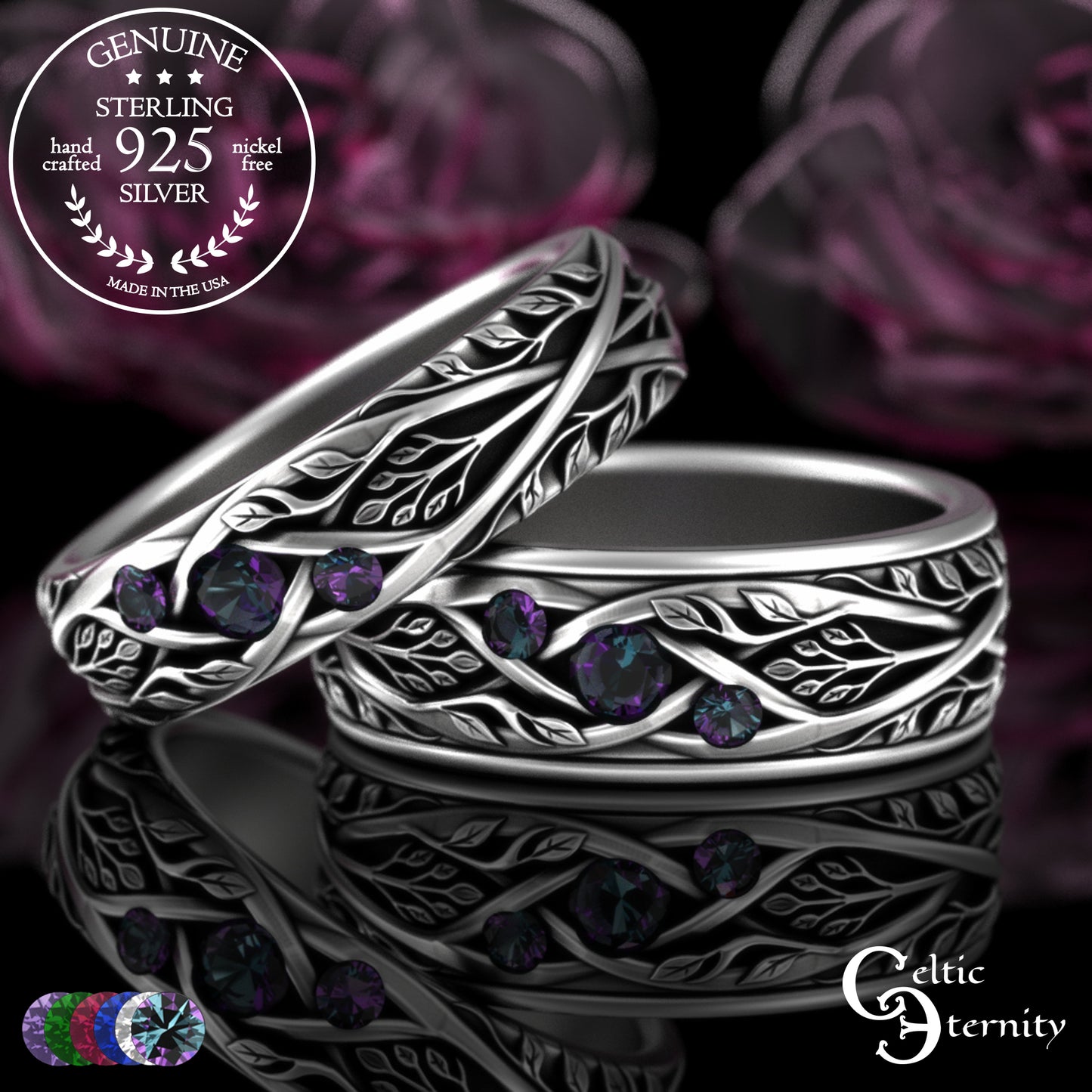 Sterling Celtic Bride & Groom Emerald Forest Wedding Band Set, 2132 2133
