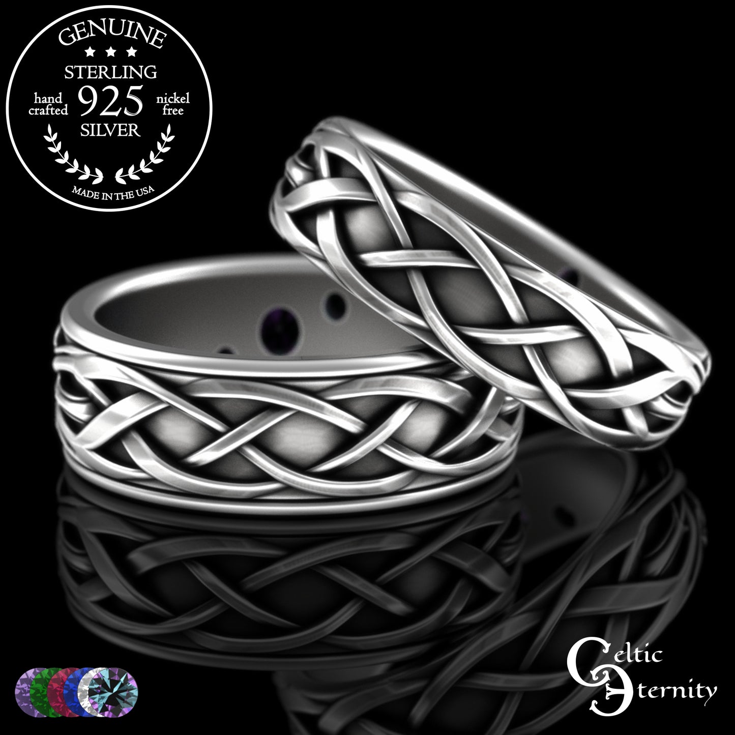 Sterling Celtic Bride & Groom Emerald Forest Wedding Band Set, 2132 2133