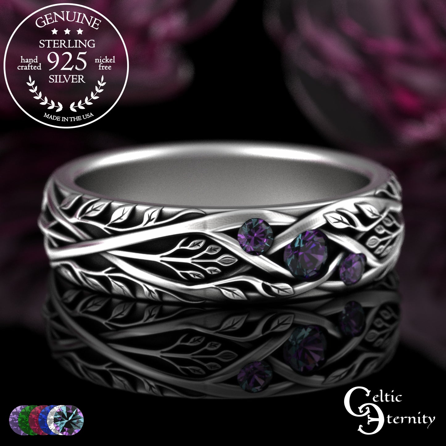 Woman's Sterling Celtic Tree of Life Wedding Band with Emerald Accents, 2132