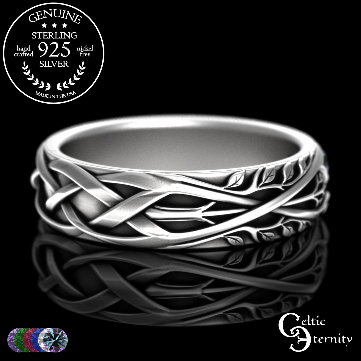 Woman's Sterling Celtic Tree of Life Wedding Band with Emerald Accents, 2132