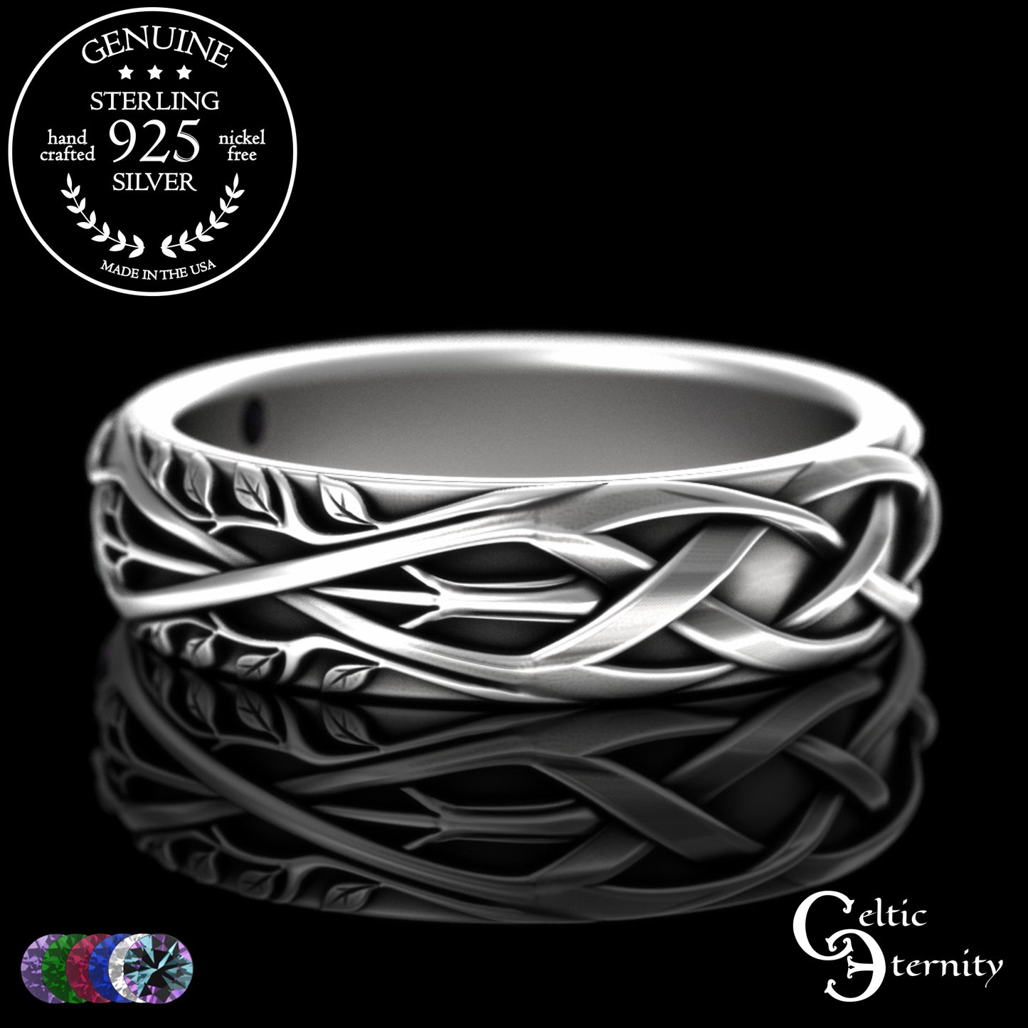 Woman's Sterling Celtic Tree of Life Wedding Band with Emerald Accents, 2132