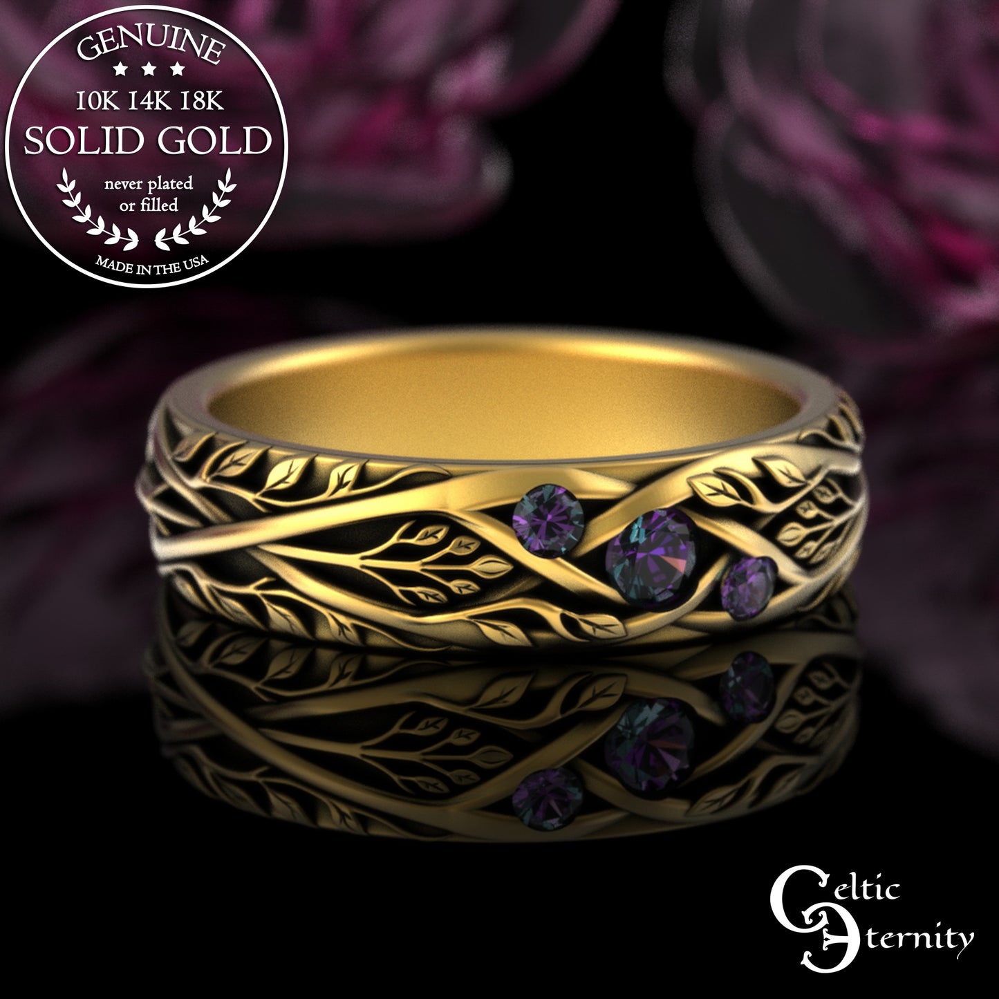 Gold & Sapphire Woman's Botanical Wedding Band, 2132