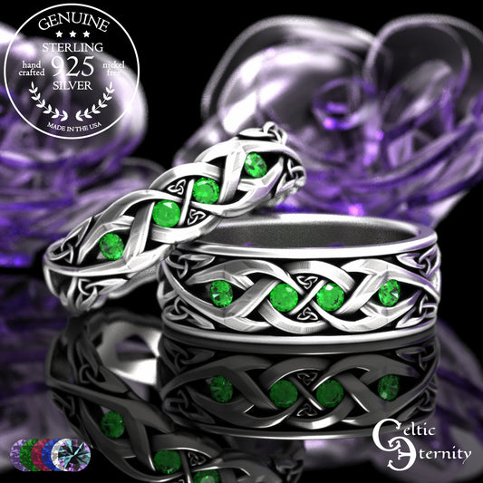 Sterling Matching Scottish Emerald Wedding Band Set - Bride & Groom, 2138 2139