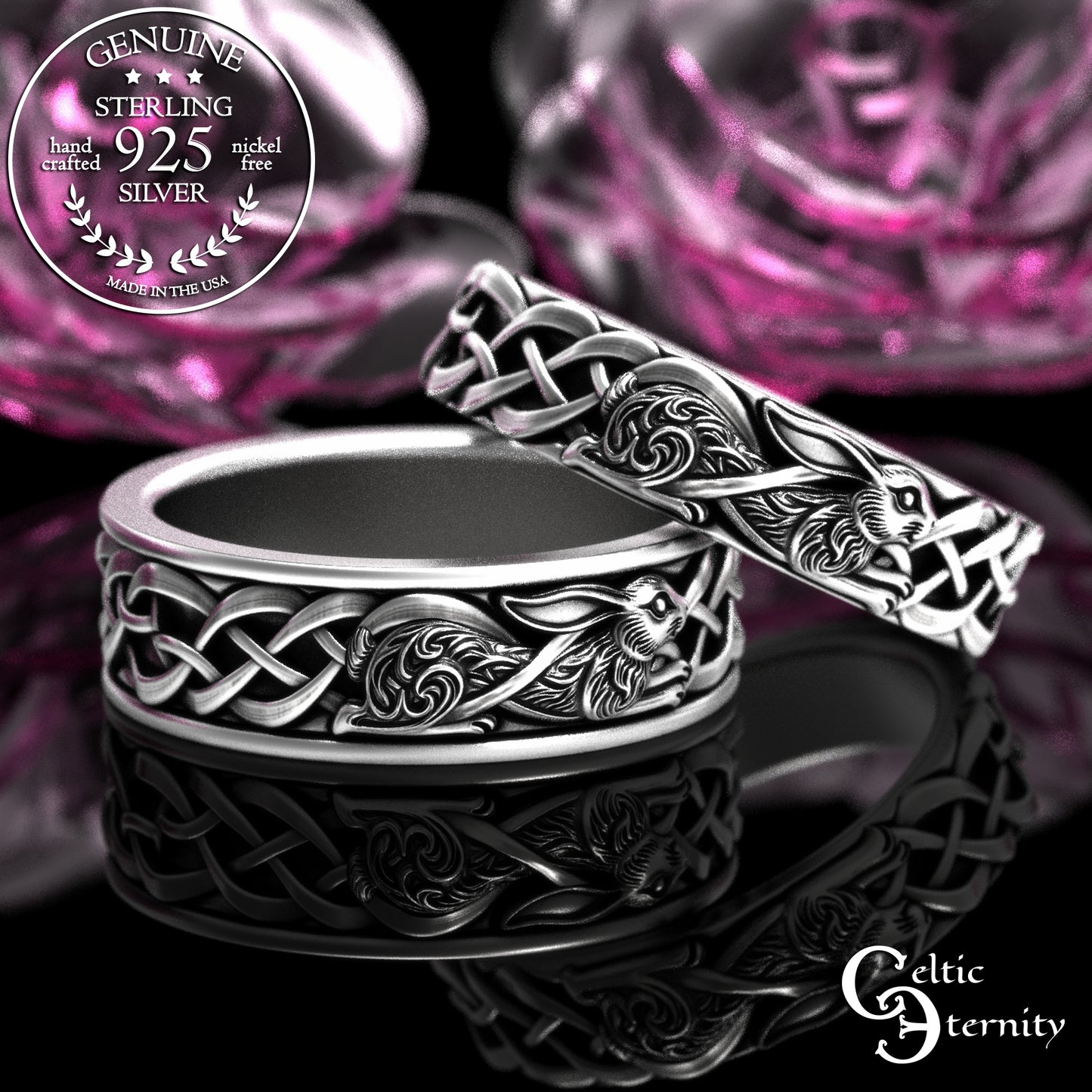 Sterling Matching Set of Celtic Bunny Rabbit Wedding Bands, 2140 2143