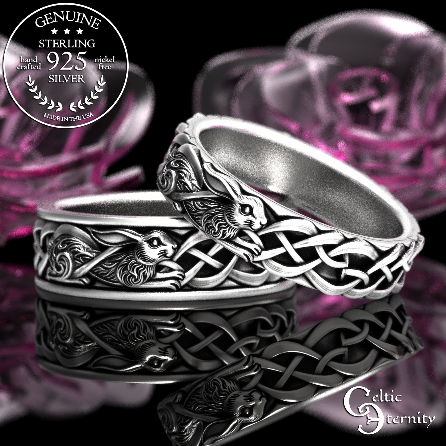 Sterling Matching Set of Celtic Bunny Rabbit Wedding Bands, 2140 2143