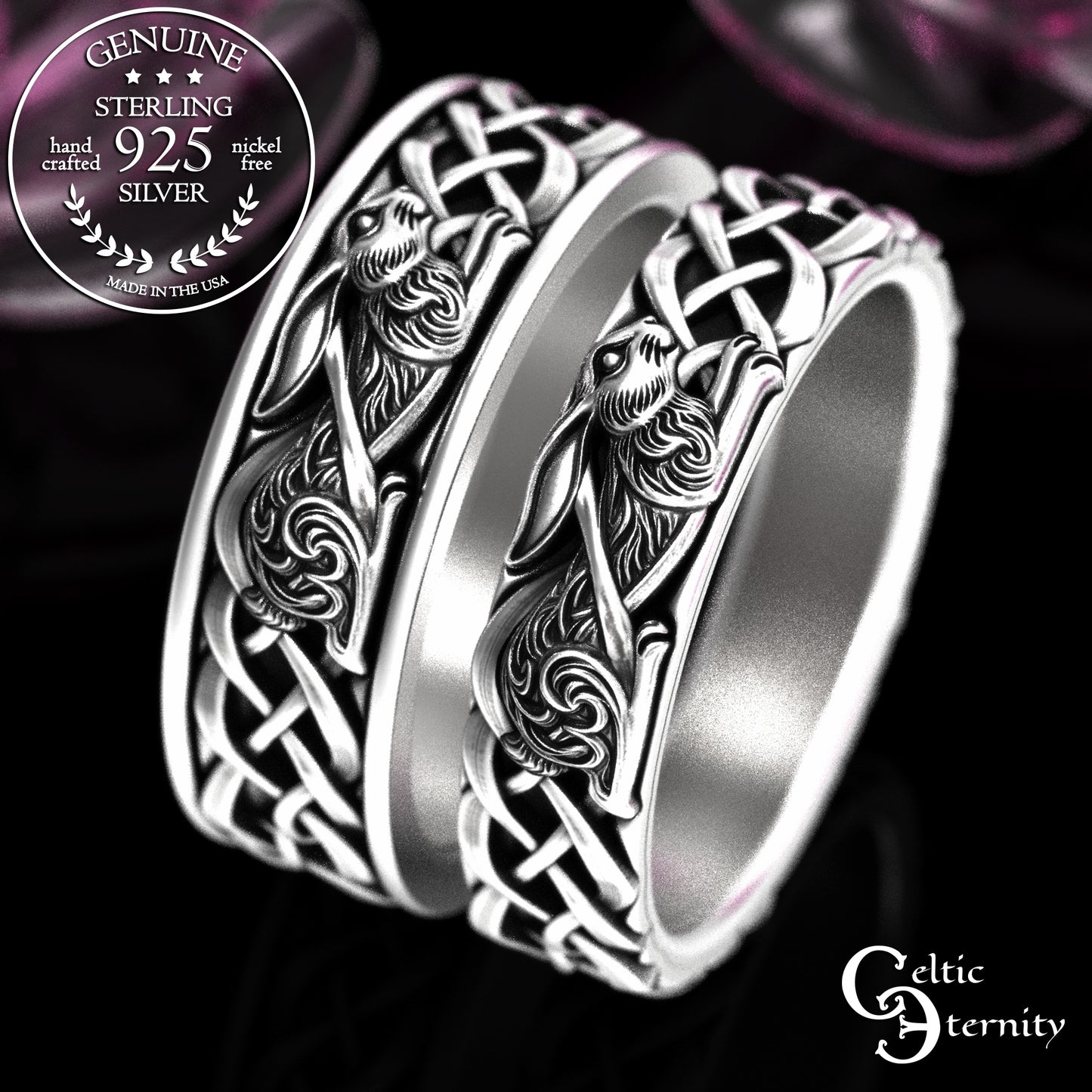Sterling Matching Set of Celtic Bunny Rabbit Wedding Bands, 2140 2143