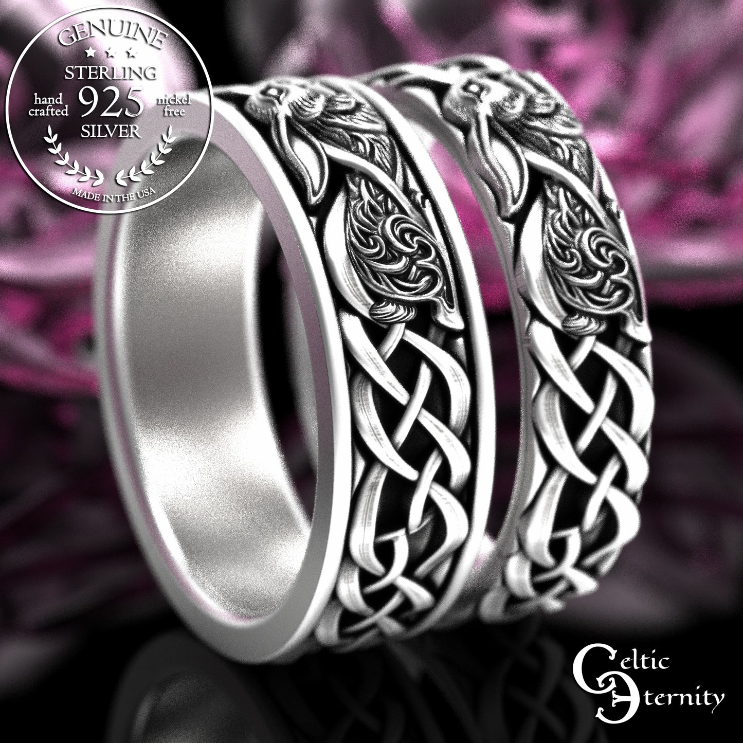 Sterling Matching Set of Celtic Bunny Rabbit Wedding Bands, 2140 2143
