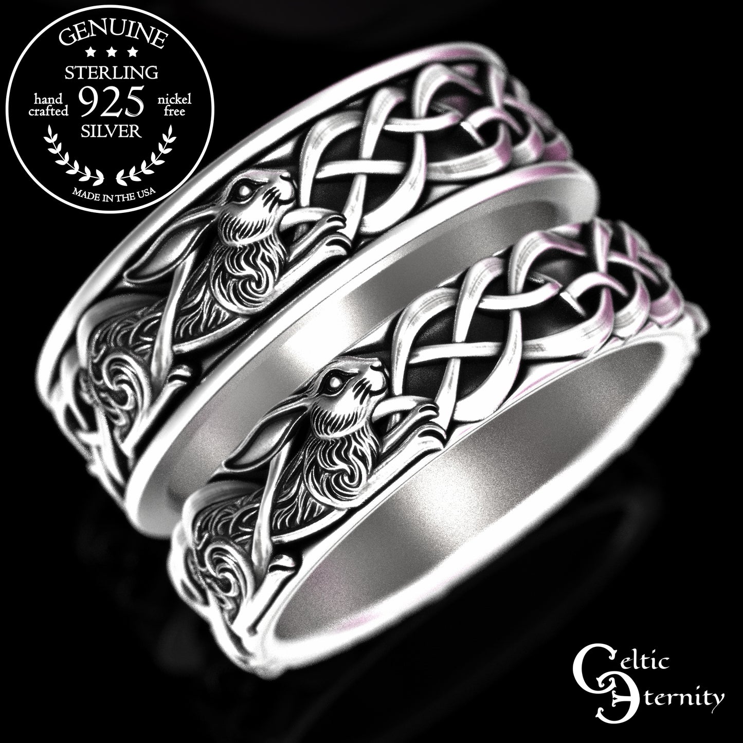 Sterling Matching Set of Celtic Bunny Rabbit Wedding Bands, 2140 2143