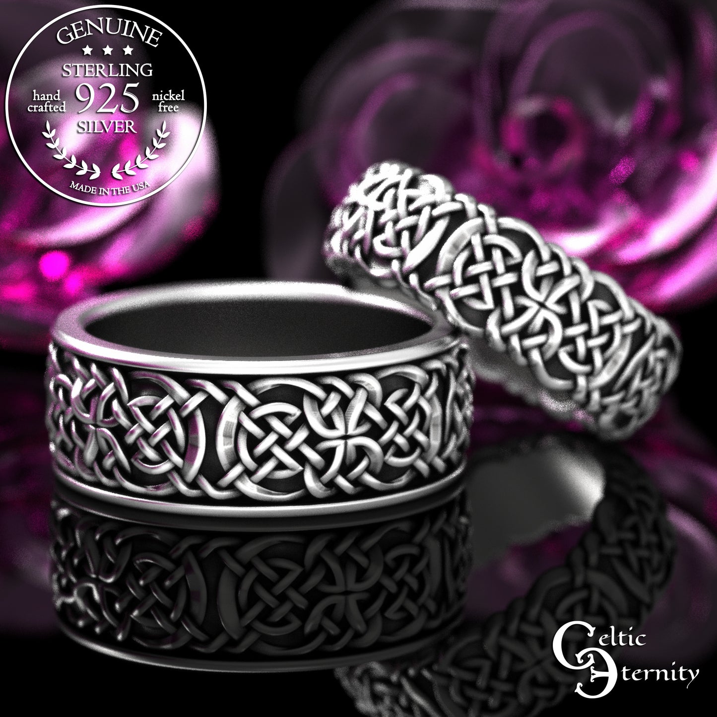 Sterling His & Hers Viking Shield Wedding Band Set, 2144 2145