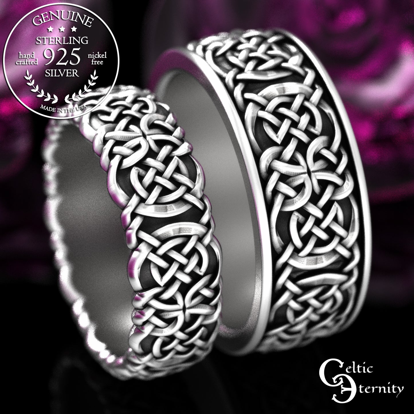 Sterling His & Hers Viking Shield Wedding Band Set, 2144 2145