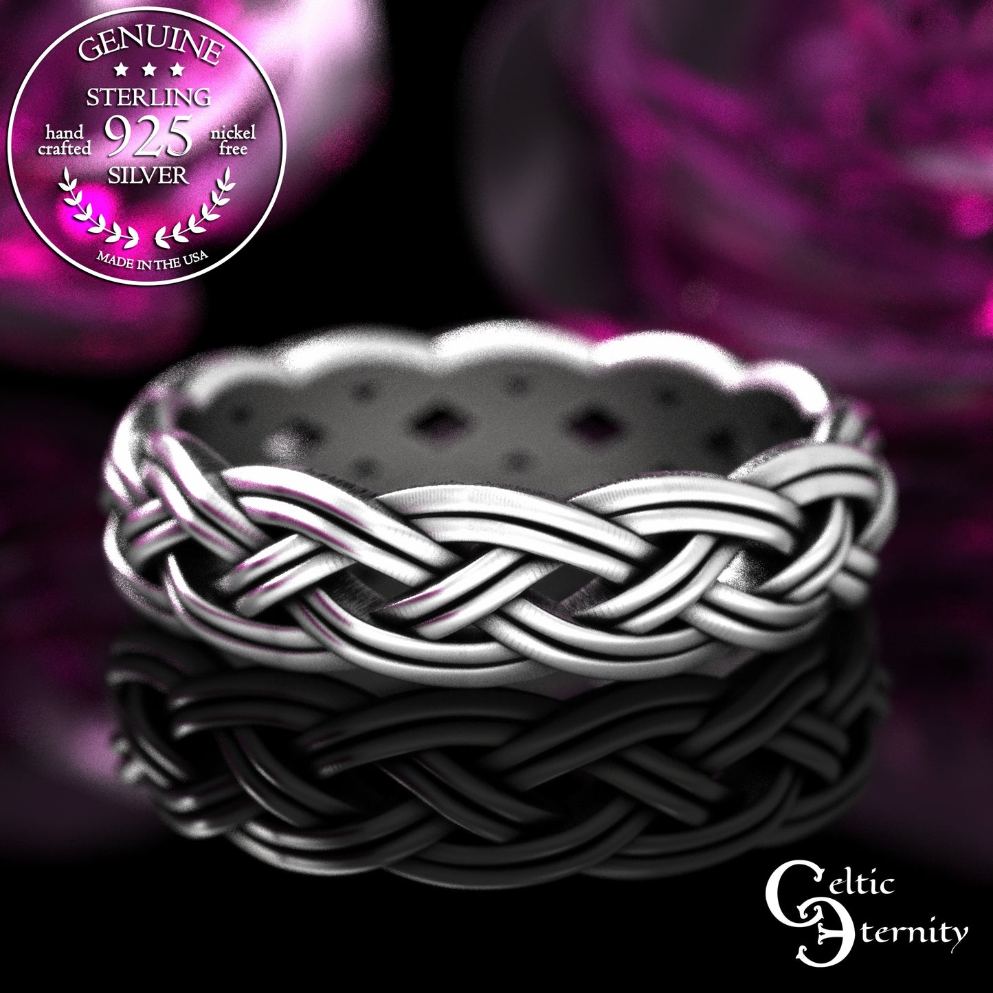 Traditional Matching Sterling Irish Wedding Band Set - Celtic Bride & Groom, 2146 2147