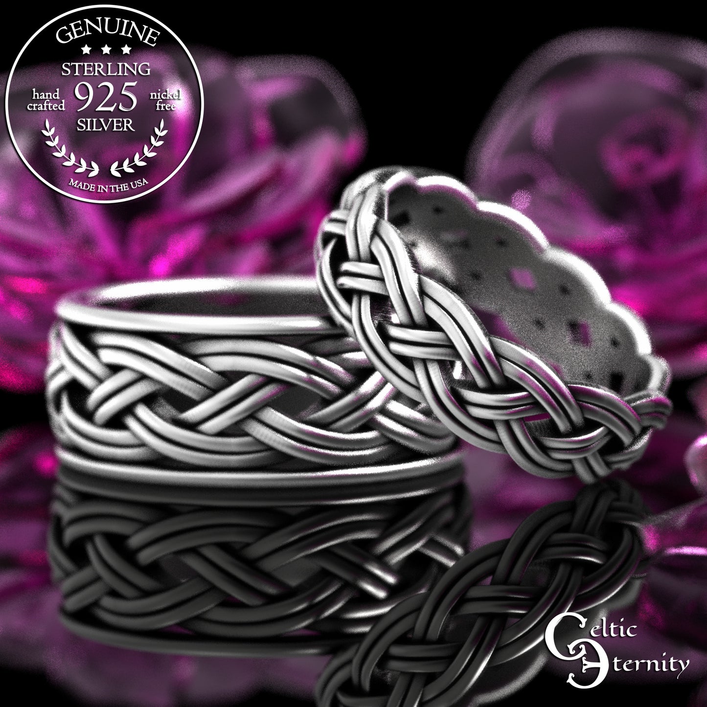 Traditional Matching Sterling Irish Wedding Band Set - Celtic Bride & Groom, 2146 2147