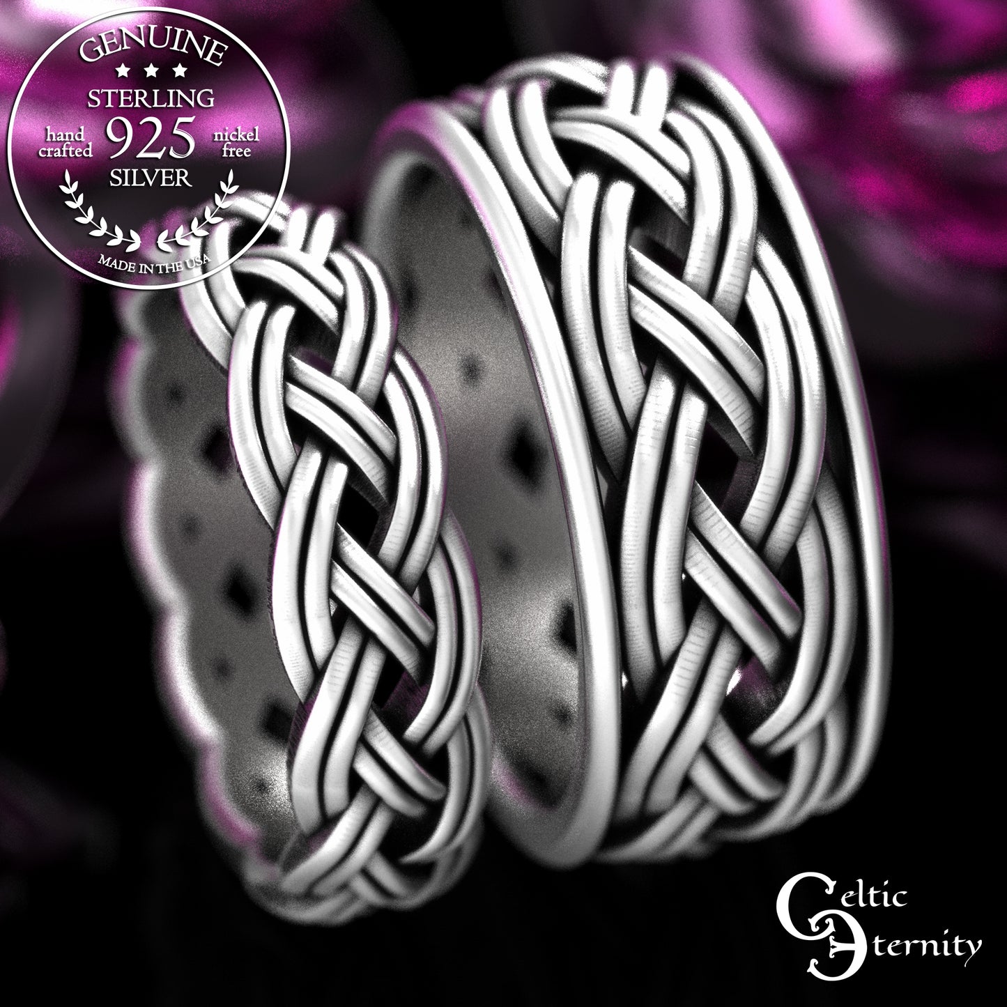 Traditional Matching Sterling Irish Wedding Band Set - Celtic Bride & Groom, 2146 2147
