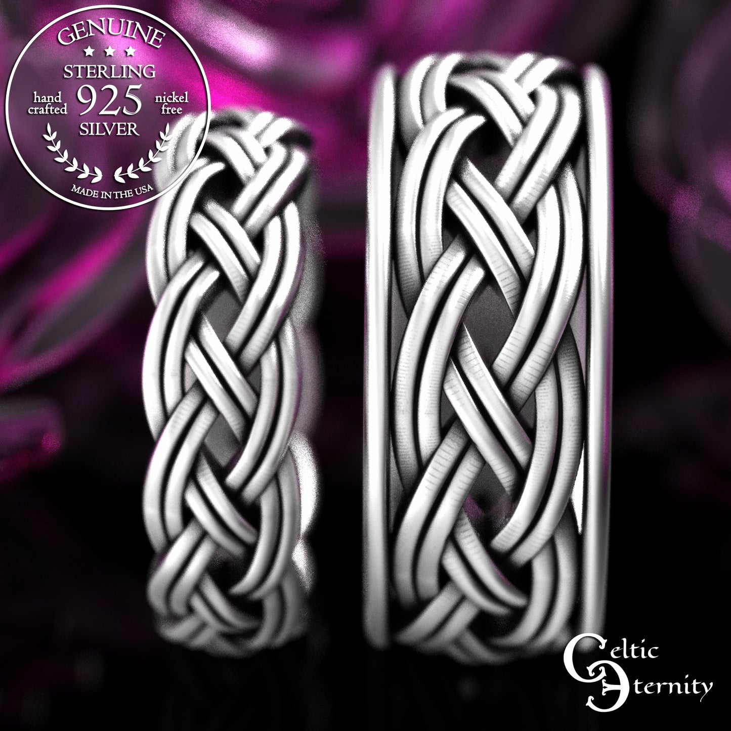 Traditional Matching Sterling Irish Wedding Band Set - Celtic Bride & Groom, 2146 2147