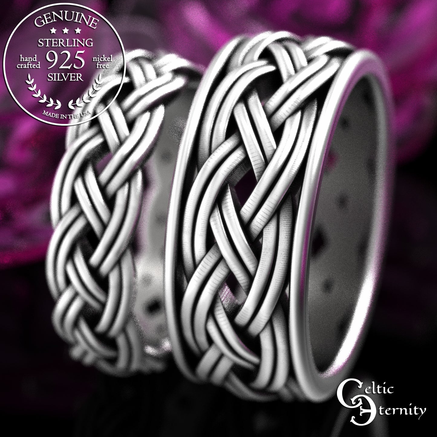 Traditional Matching Sterling Irish Wedding Band Set - Celtic Bride & Groom, 2146 2147