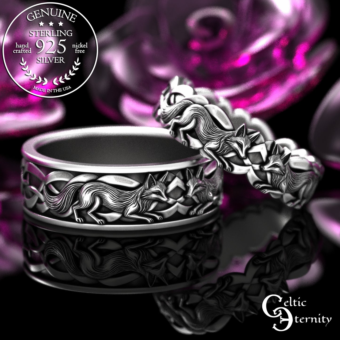 Sterling His & Hers Celtic Fox Wedding Band Set, 2152 2153