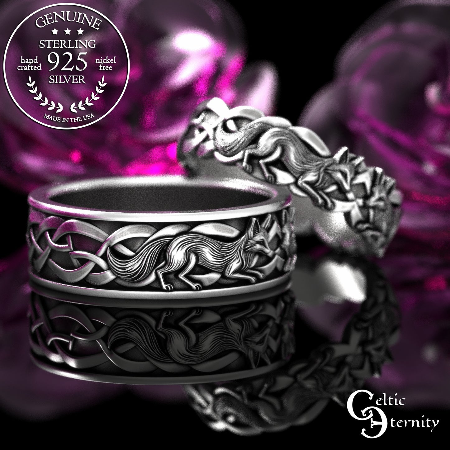 Sterling His & Hers Celtic Fox Wedding Band Set, 2152 2153