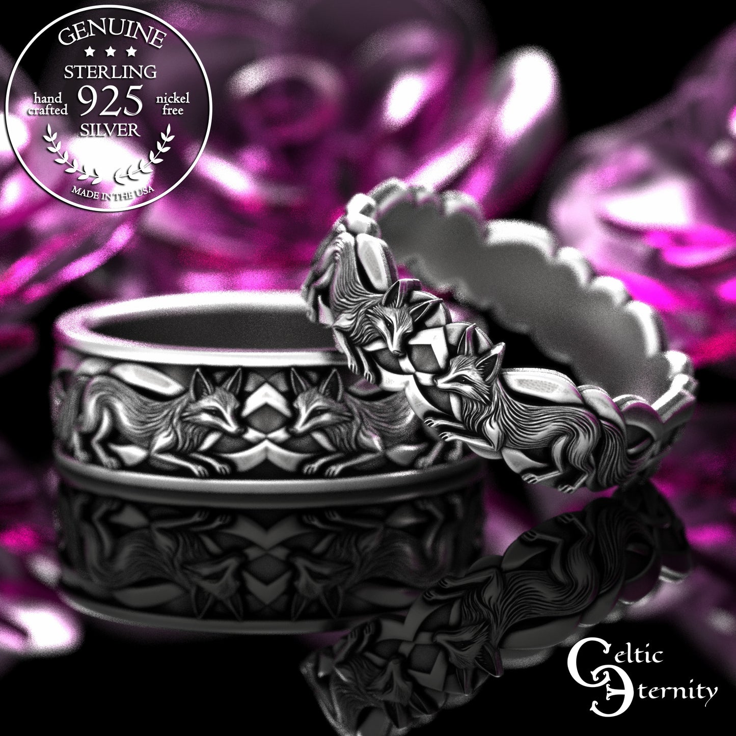 Sterling His & Hers Celtic Fox Wedding Band Set, 2152 2153