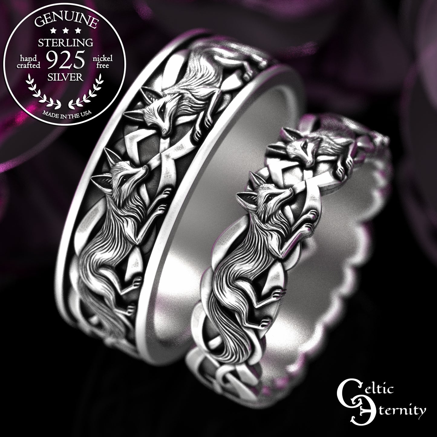 Sterling His & Hers Celtic Fox Wedding Band Set, 2152 2153