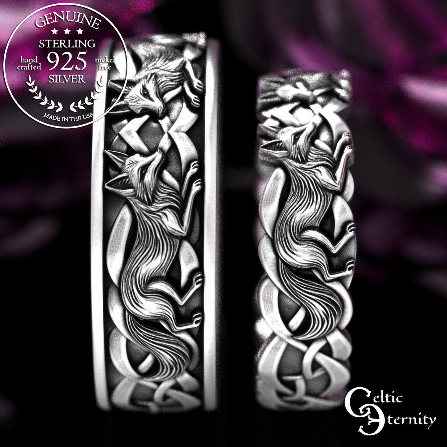 Sterling His & Hers Celtic Fox Wedding Band Set, 2152 2153