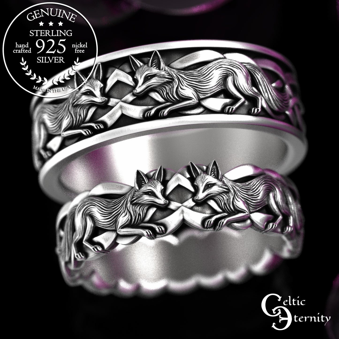 Sterling His & Hers Celtic Fox Wedding Band Set, 2152 2153