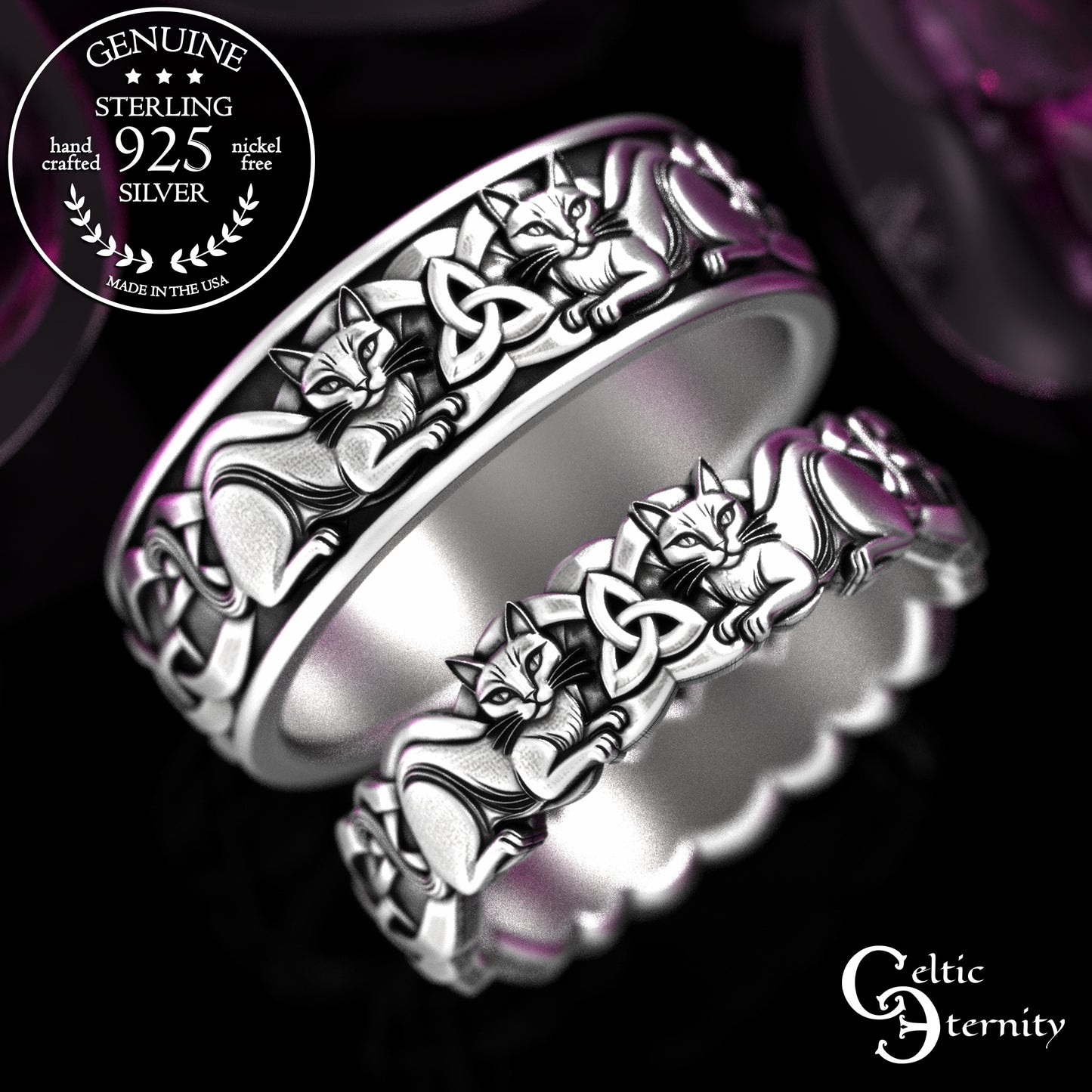 Matching Sterling Bride & Groom Scottish Cat Wedding Band Set, 2154 2155