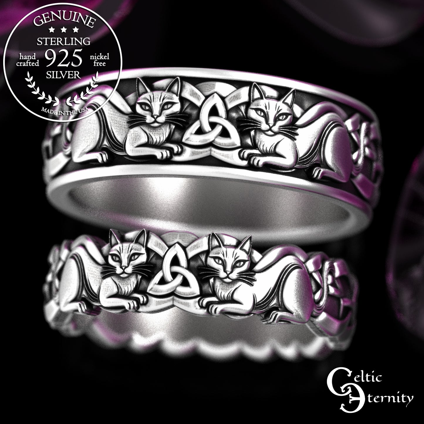 Matching Sterling Bride & Groom Scottish Cat Wedding Band Set, 2154 2155
