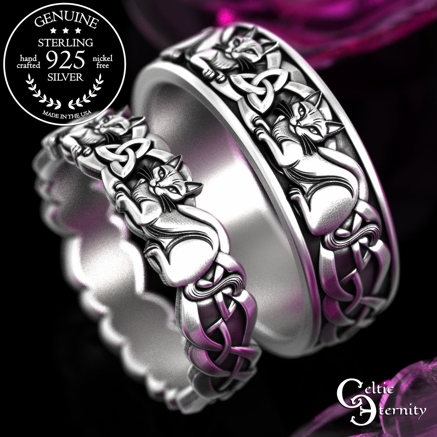 Matching Sterling Bride & Groom Scottish Cat Wedding Band Set, 2154 2155