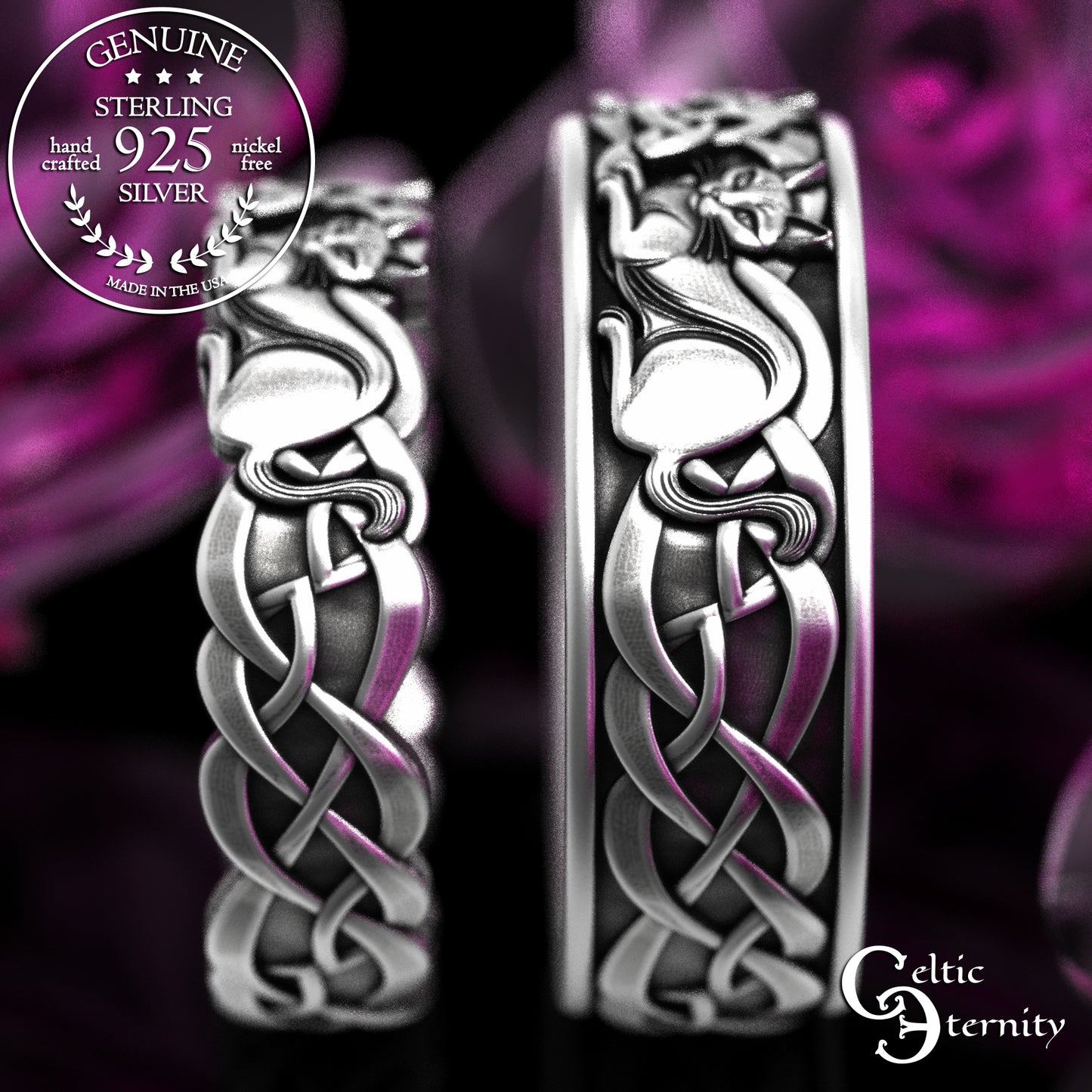 Matching Sterling Bride & Groom Scottish Cat Wedding Band Set, 2154 2155