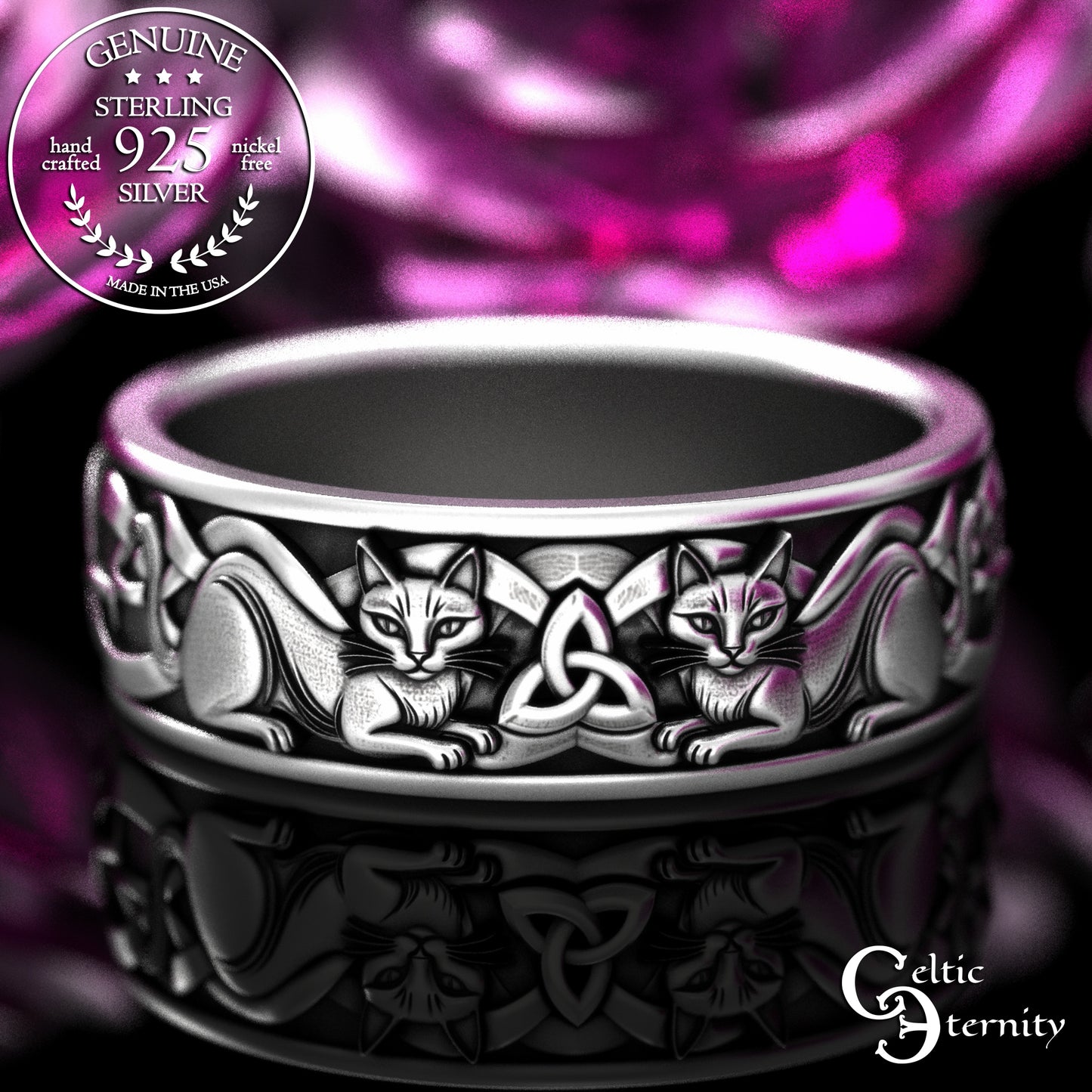 Matching Sterling Bride & Groom Scottish Cat Wedding Band Set, 2154 2155