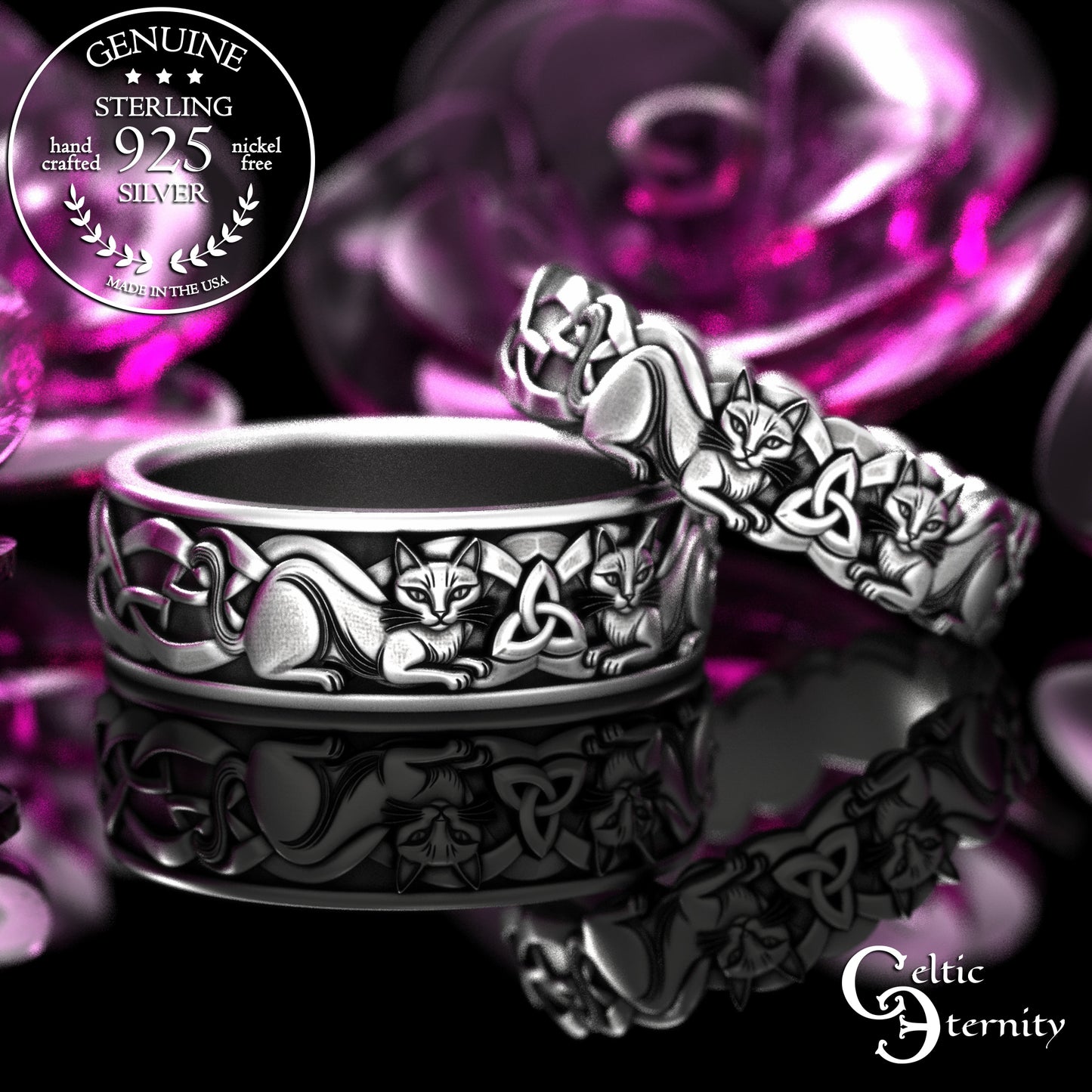 Matching Sterling Bride & Groom Scottish Cat Wedding Band Set, 2154 2155