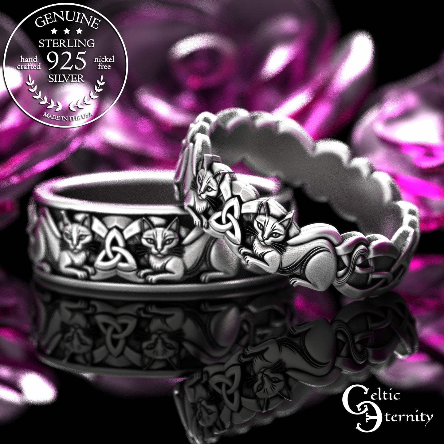 Matching Sterling Bride & Groom Scottish Cat Wedding Band Set, 2154 2155