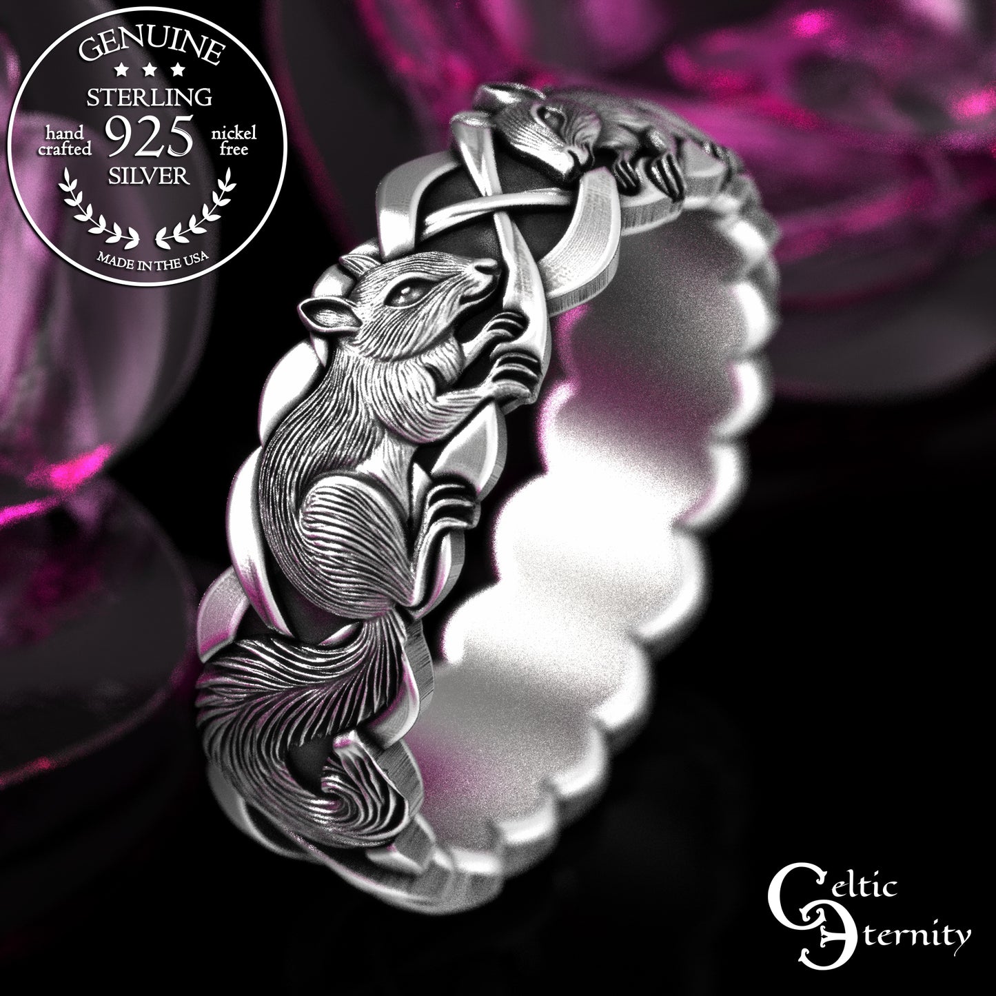 Sterling Silver Woman's Squirrel Wedding Band - Celtic Knotwork, 2159
