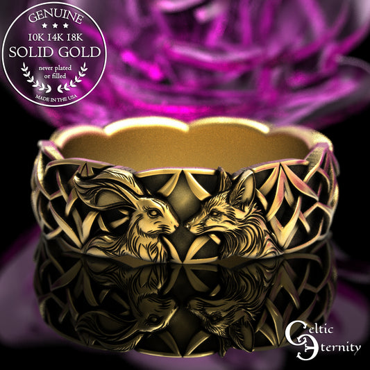 Woman's Gold Fox & Rabbit Wedding Band - 10K 14k 18K Platinum, 2178